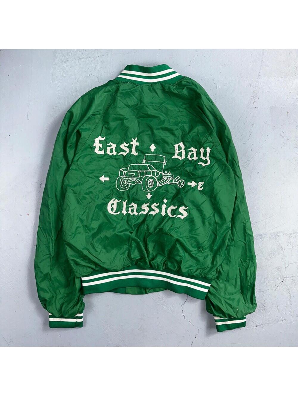 Vintage East Bay Classic Starter Satin Jacket Nylon 80s Green Chainstitch Cars